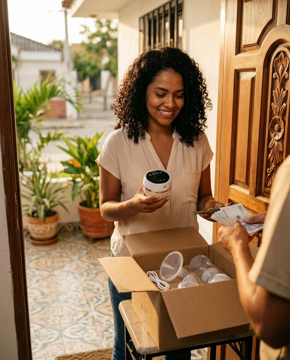Mujer recibiendo su paquete y pagando contra entrega